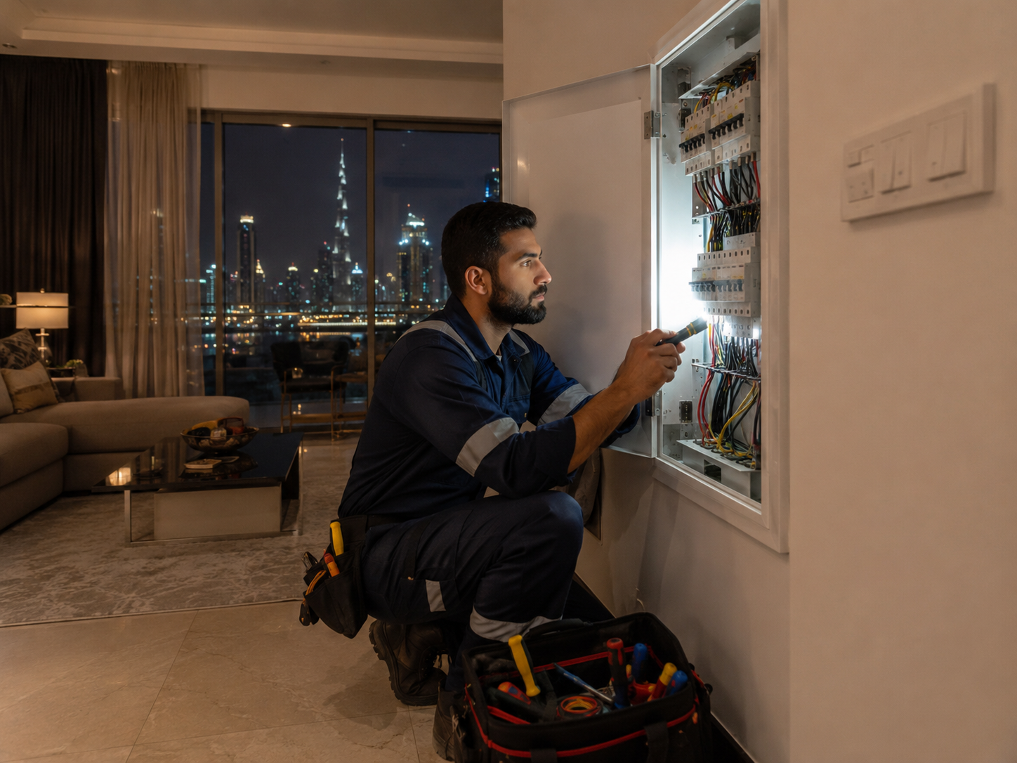 Electrical problems can happen without warning. Our emergency electrician in Dubai team helps with power failure, short circuits, breaker trips, wiring faults, burning smells, and urgent electrical repair needs.