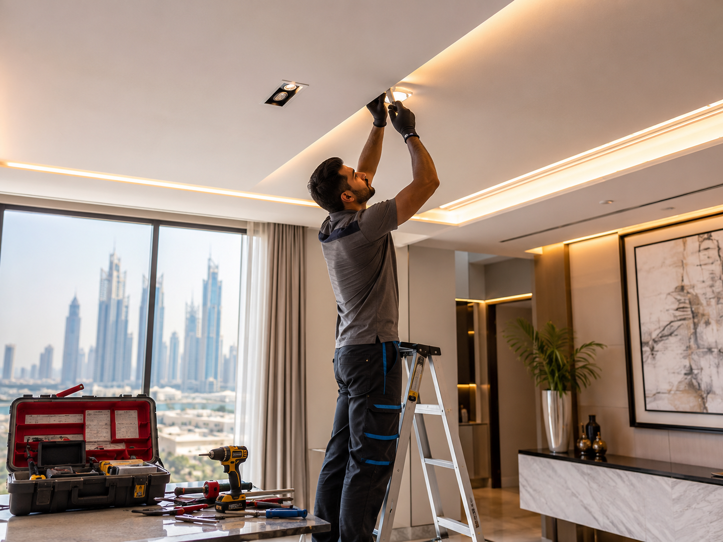 Good lighting improves safety, comfort, and the look of your space. We install ceiling lights, LED lights, panel lights, outdoor lights, office lights, villa lights, shop lights, and decorative lighting with neat finishing.